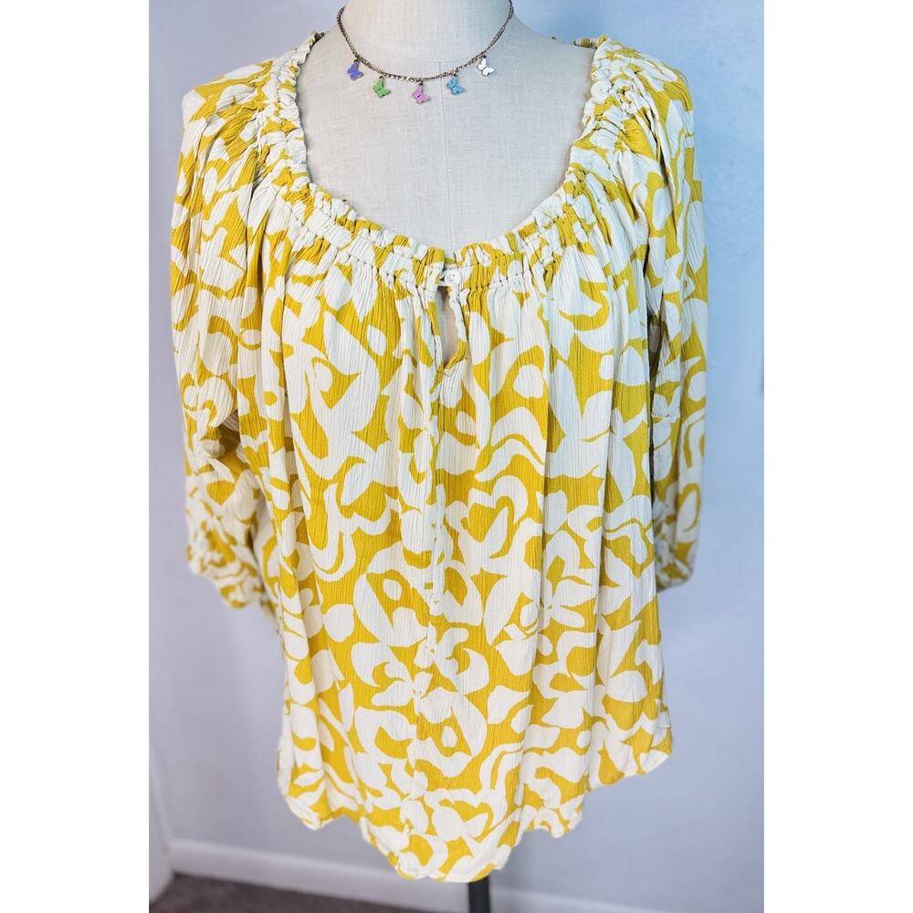 Terra & Sky Mustard White Floral Plus Convertible Off the Shoulder Blouse 0X